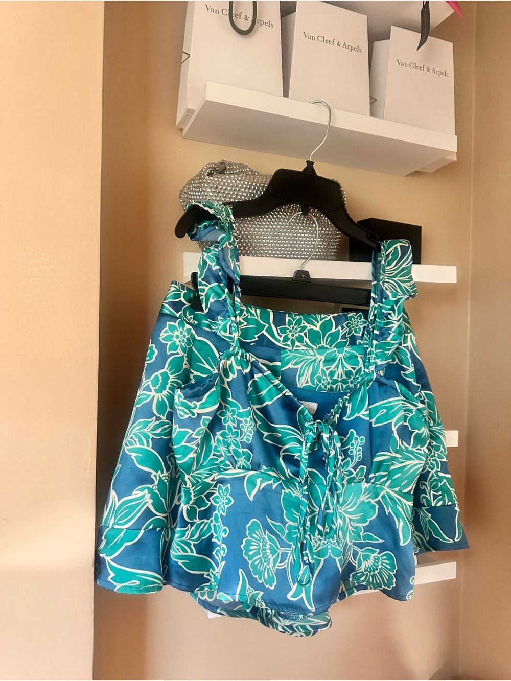 Teal & White Floral Ruffled Crop Top & short sets